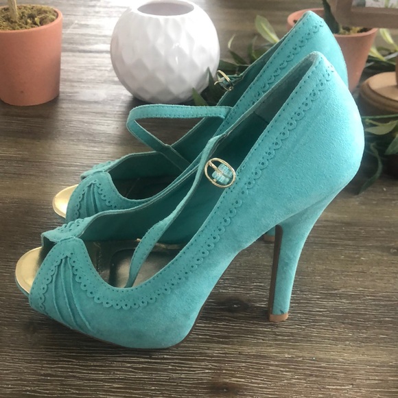 Teal Peep Toe Pumps - Picture 2 of 5